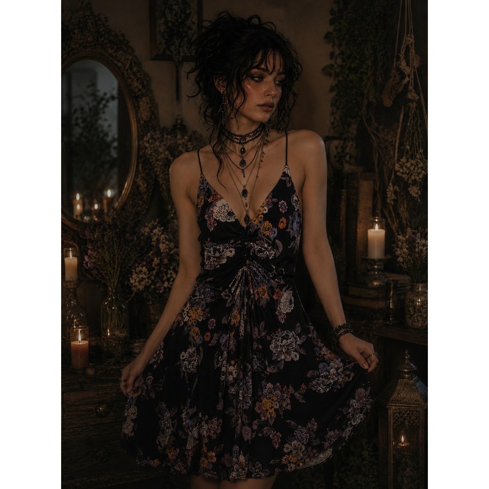 FREE PEOPLE Happy Heart Cinched Mini Dress Black Floral Multi Sz P/S Whimsigoth